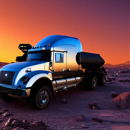 Prompt: 4 k hdr wide angle sony a 7 photo of a stainless steel shiny cybertruck surrounded by instagram model women on mars during a blue martian sunset