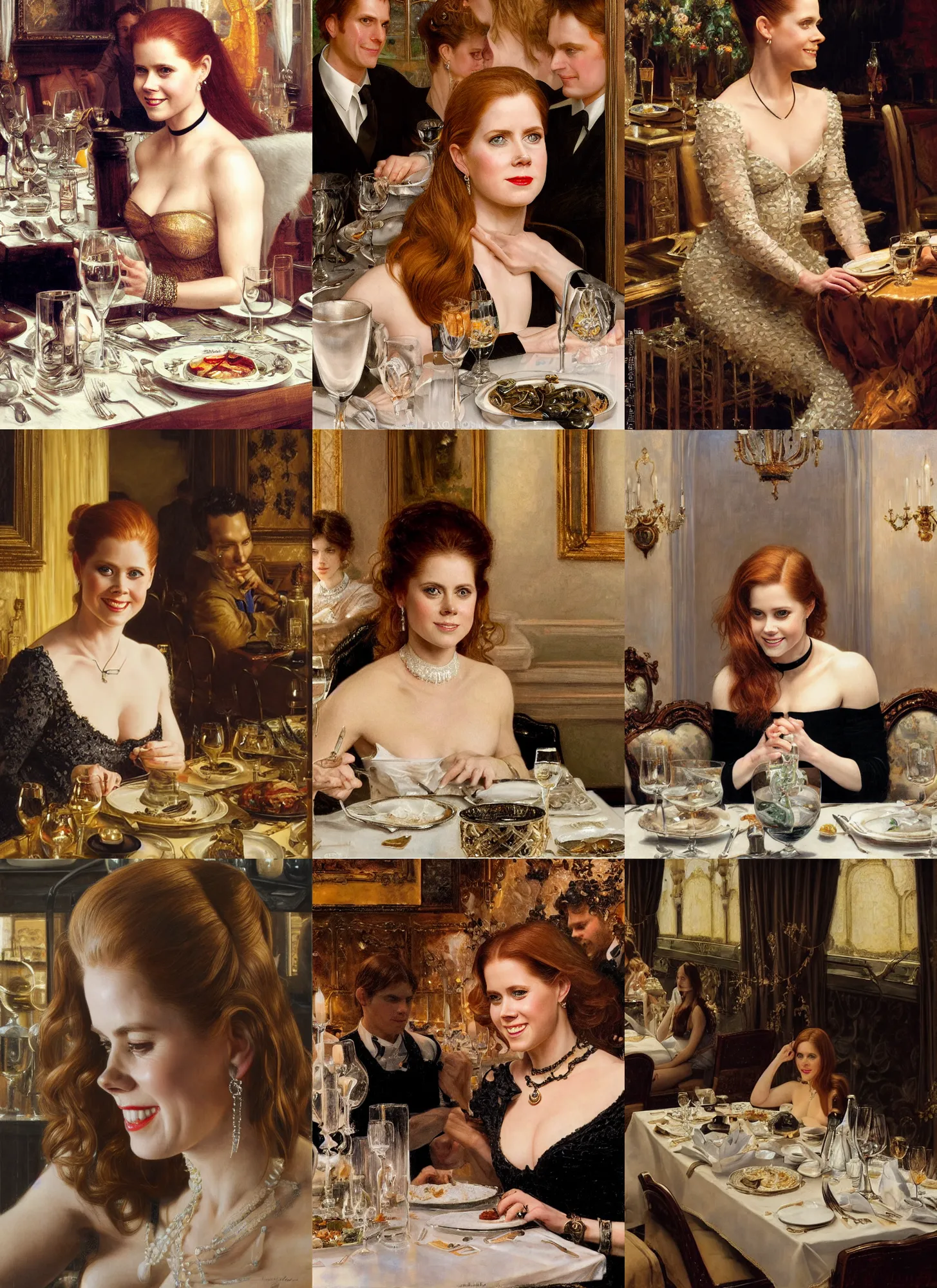 Prompt: dinner with amy adams smiling sitting across the camera wearing a black choker staring into the camera in an expensive private restaurant, 1 9 8 0, intricate, elegant, tasteful, highly detailed, shallow depth of field, artgerm, donato giancola, joseph christian leyendecker