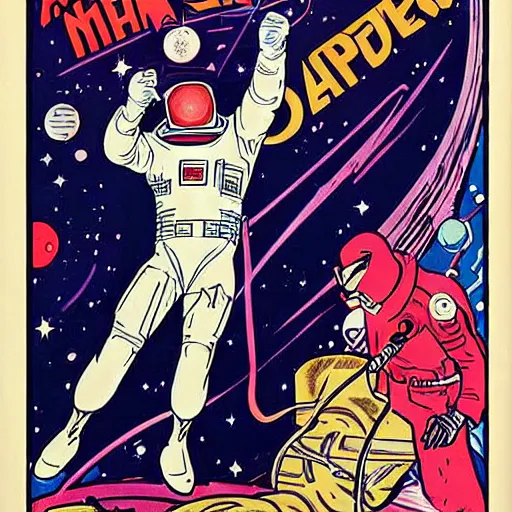 Image similar to a man with red hair, floating in space. he is an astronaut, wearing a space suit. he is fixing his space rocket. well composed, clean elegant painting, beautiful detailed face. retro comic book art by steve ditko and jack kirby and ( alphonse mucha )