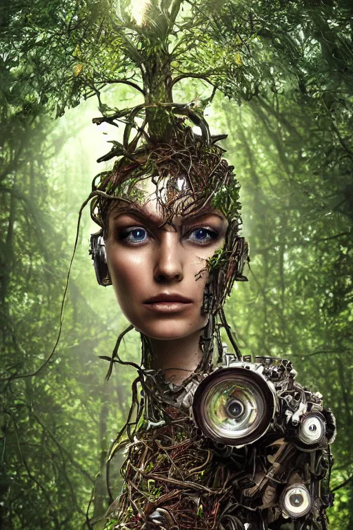 Prompt: hyperrealism portrait, digital art, wallpaper of a cyborg dryad, mechanical, with cyborg plants in a forest, diffused lighting, by laura zalenga, 8 k dop dof hdr, vibrant