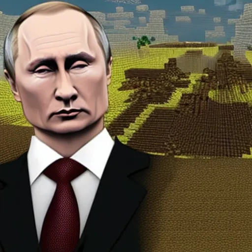 Prompt: a person looking like vladimir putin in minecraft video game