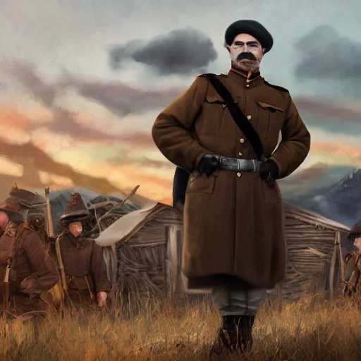 Prompt: fullbody of standing burt reynolds, wearing simple russian ww 1 clothes in black fur beanie, russian villages at background, style ivan talavera and artgerm, radiant lighting, hyper realistic, photorealistic, octane render, trending on artstation, cgsociety, cinematic light, global illumination, high details of burt reynolds face