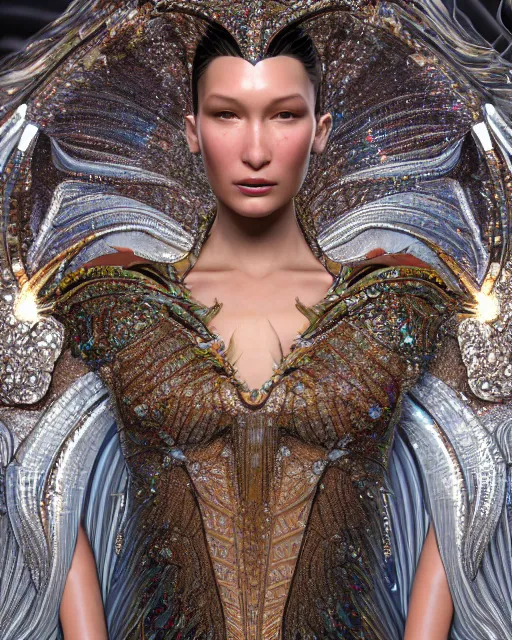 Prompt: a highly detailed metahuman 8 k close up render of bella hadid catwalk renaissance in iris van herpen dress schiaparelli in diamonds crystals swarovski and jewelry iridescent in style of alphonse mucha trending on artstation made in unreal engine 4