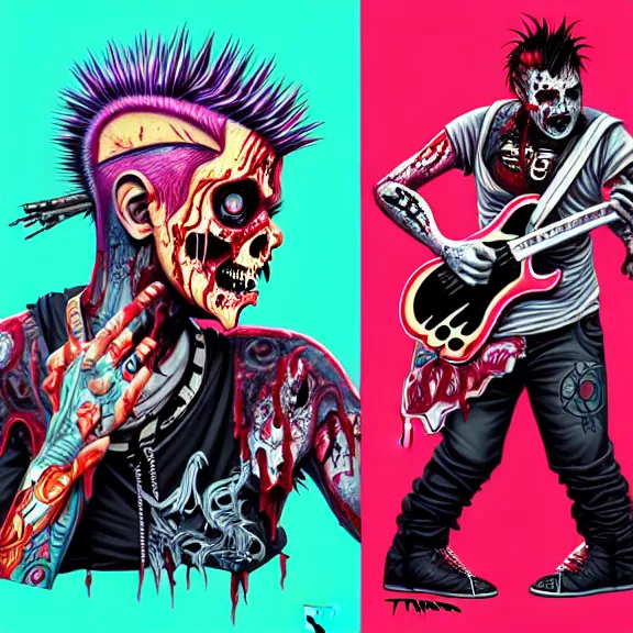 Image similar to a zombie punk rocker with a mohawk playing electric guitar, tristan eaton, victo ngai, artgerm, rhads, ross draws