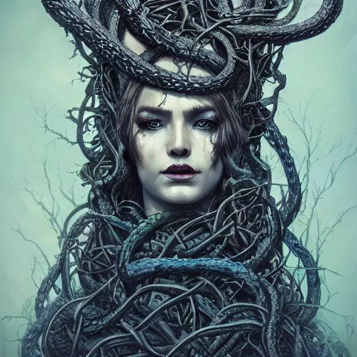 Image similar to dramatic portrait of the dark goddess of snakes, wearing a crown of thorned vines, blue skin, wrapped in snakes, realism, dark fantasy illustration, surrounded by twisting forest, dynamic lighting, detailed textures, octane render, artstation