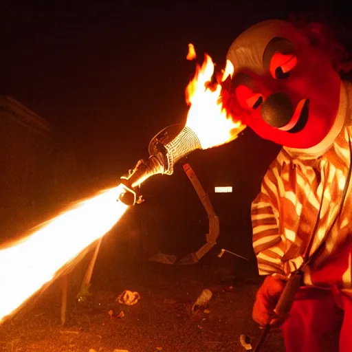 Image similar to photo of a clown using a flamethrower projecting a long bright flame towards a dumpster fire, award-winning, highly-detailed, 8K