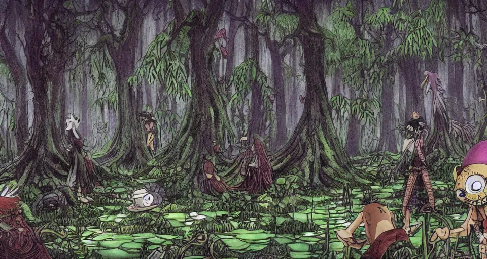 Prompt: A dense and dark enchanted forest with a swamp, from One piece