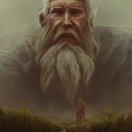 Prompt: a highly detailed portrait of a massive epic fantasy giant old man standing in a field concept art