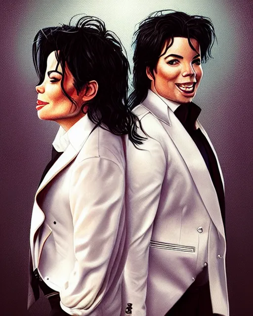 Prompt: Portrait Michael Jackson & Michael Mcintyre, drunk, in Ibiza, ,real life skin, intricate, elegant, highly detailed, artstation, concept art, smooth, sharp focus, art by artgerm and greg rutkowski and alphonse mucha