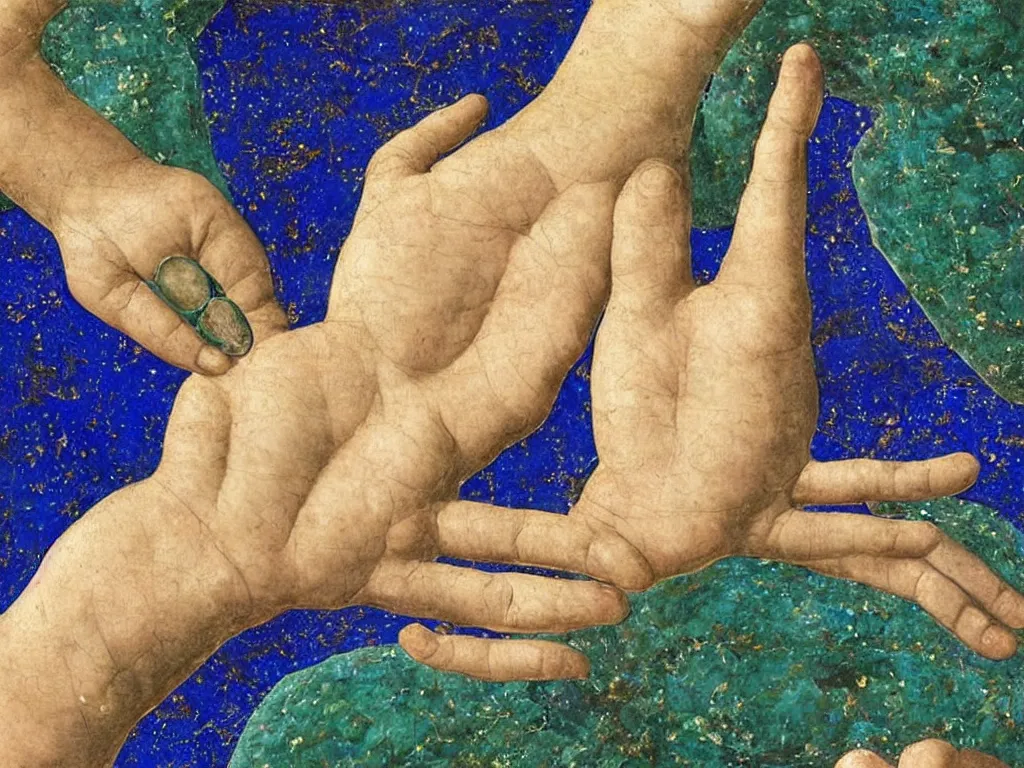 Image similar to sculpted hand with visible veins holding an eye. lapis - lazuli, emerald, turquoise, malachite, cinnabar, earth brown. painting by piero della francesca, ernst haeckel, agnes pelton