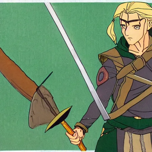 Image similar to Legolas in an 80s anime version of Lord of the Rings, holding a longbow, very detailed, ultra realistic, handpainted, Satoshi Kon, Hiyao Miyazaki, Katsuhiro Otomo