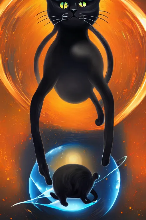 Image similar to black cat sitting next to an energy ringed portal, digital illustration, artstation, artstation hq, hd