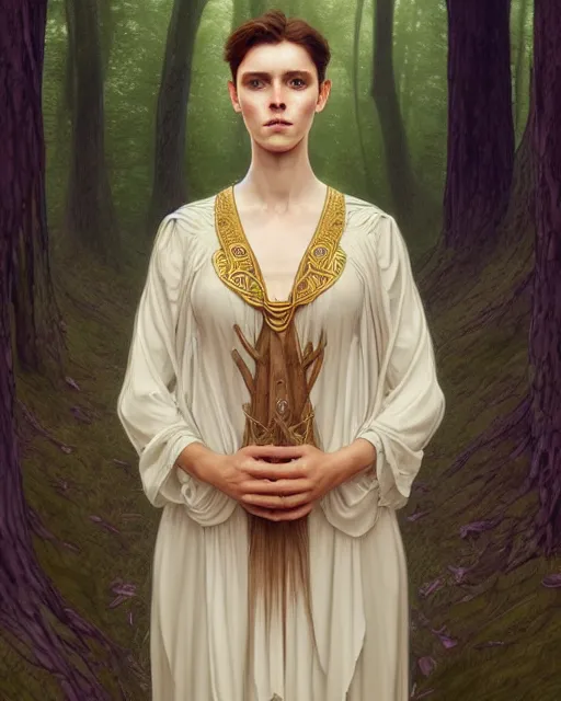 Image similar to symmetry portrait of welsh brunette witch student in mans tunic, tomboy, short hair, forest, intricate, elegant, highly detailed, digital painting, artstation, concept art, smooth, sharp focus, illustration, art by artgerm and greg rutkowski and fra angelico and alphons mucha