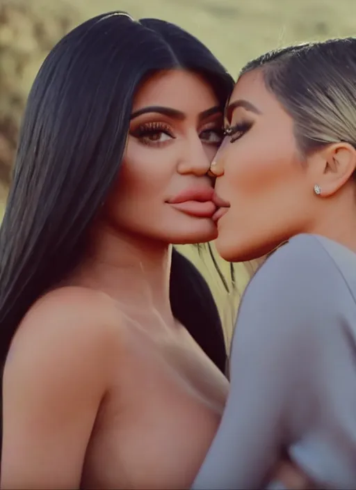 Image similar to film still of kylie Jenner making out with kim kardashian, scenic mountain backround, lens flare, cinematic