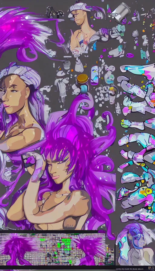 Image similar to a sprite sheet of a realistic graffiti wirter holding a spray can and purple hair, sweat drops, insane, intricate, highly detailed, smooth, sharp focus, Unreal Engine 5, 8K