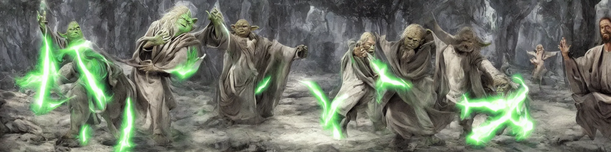 Image similar to epic slap battle between Jesus and Yoda