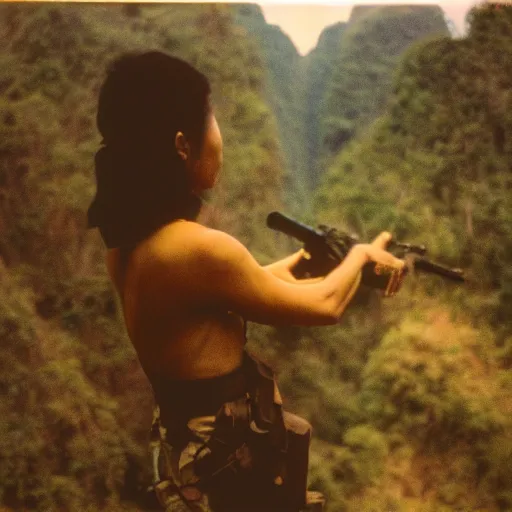 Prompt: film still, extreme far view, japanese woman, jungle, vietnam door gunner, apocalypse now, associated press,, 2 6 mm, kodak ektachrome, blue tint expired film