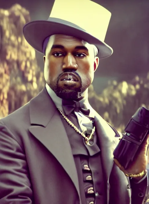 Image similar to portrait kanye west as willy wonka in django unchained, splash art, movie still, cinematic lighting, ray tracing, octane render, long lens, shallow depth of field, bokeh, anamorphic lens flare, 8 k, hyper detailed, 3 5 mm film grain