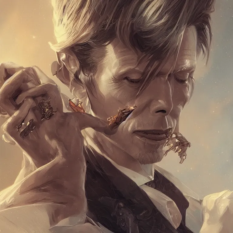 Image similar to portrait of David Bowie, fantasy, intricate, elegant, highly detailed, digital painting, artstation, concept art, smooth, sharp focus, illustration, art by artgerm and greg rutkowski and alphonse mucha