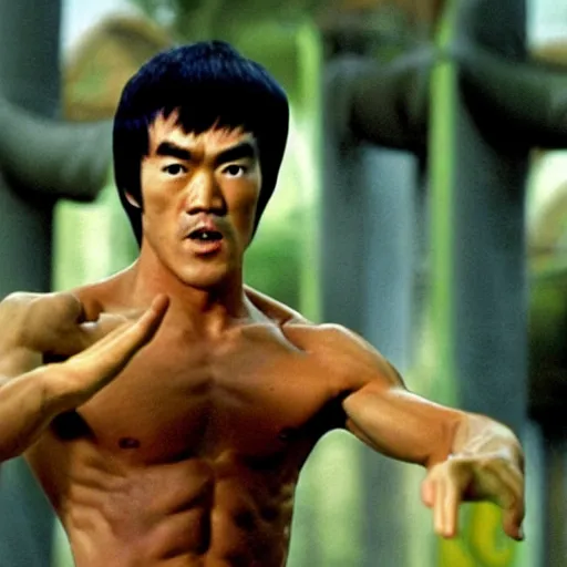 Prompt: bruce lee as shaggy, still from scooby - doo ( 2 0 0 2 )