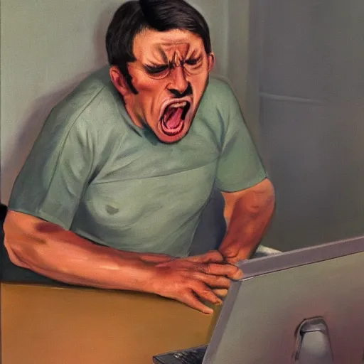 Image similar to an angry man screams at his computer monitor, oil on canvas, 1 9 6 7, highly detailed