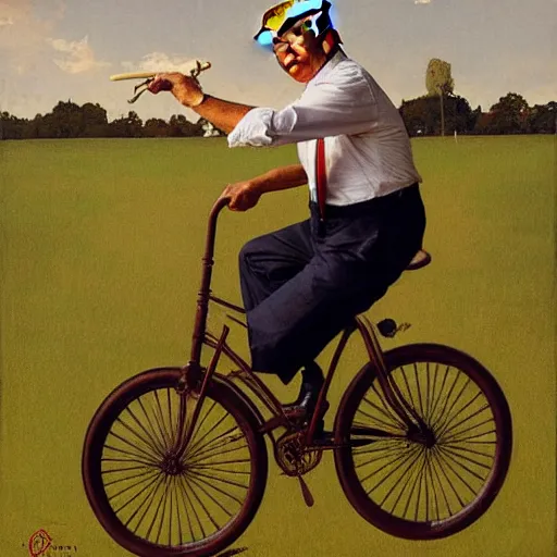 Image similar to Donald Trump riding a penny-farthing, painted by Norman Rockwell