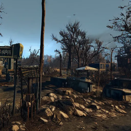 Image similar to central park settlement, post - nuclear war in fallout 4, in game screenshot