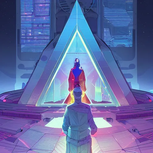 Prompt: a cyberpunk explorer meditating next to a floating triangular glowing monolith with one eye, highly detailed, midnight, by josan gonzalez and max prentis, 8 k wallpaper