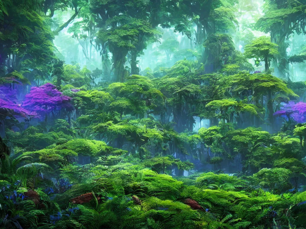 Image similar to a beautiful otherworldly fantasy landscape of dense lush ferns and evergreen trees in hyper detail like the pacific northwest, vivid glowing colors, extreme detail, studio ghibli and pixar and abzu, rendering, cryengine, deep colors, purple and blue and green colors, vray render, cgsociety