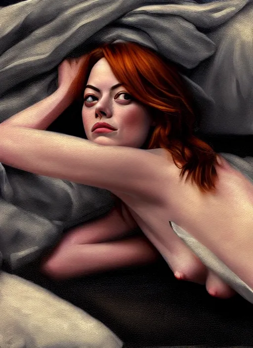 Prompt: emma stone lying in bed with clothes on, backround dark, highly detailed, digital illustration, trending in artstation, modern painting, smooth, sharp focus, intricate, einar jonsson, ilya repin