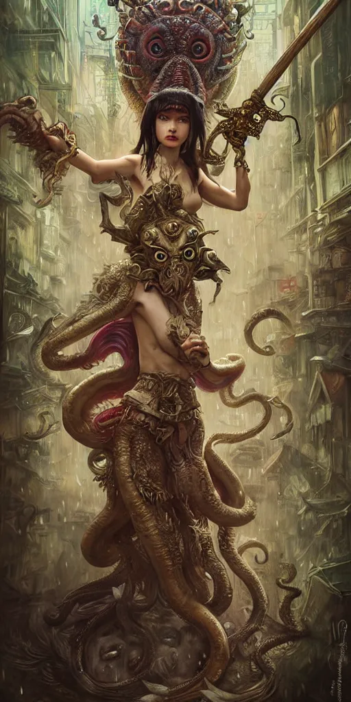 Image similar to hyper realistic Princess Mononoke attacking Cthulhu with a golden sword, ornate mask, wet market street, rainy atmosphere, cyberpunk metropolis, city landscape, jewels, full body pose, style of tom bagshaw, mucha, james gurney, norman rockwell, denoised, sharp