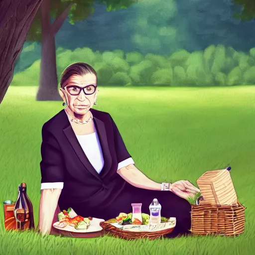 Image similar to Ruth Bader Ginsburg on a picnic, HD detailed photograph, trending on artstation