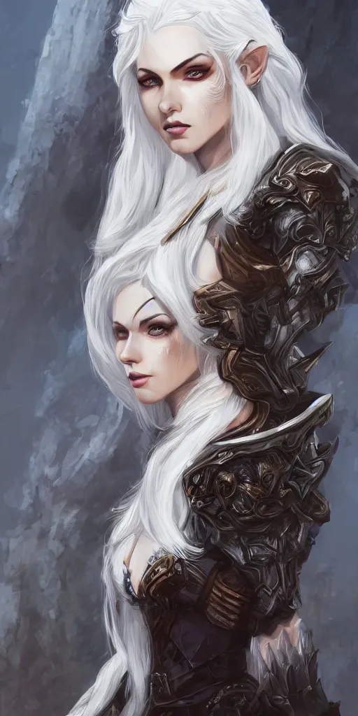 Prompt: white haired elven woman, wearing a wolf pelt, upper half portrait, centered, muscular, dnd, intricate, highly detailed, sharp, digital painting, artstation, cell shading