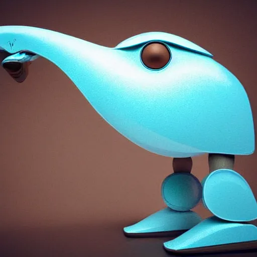 Image similar to beautiful artistic - wave highly detailed robotic bird, with head phones, by ben templesmith, dynamic lighting, gradient light blue, brown, blonde cream and white color scheme, grunge aesthetic