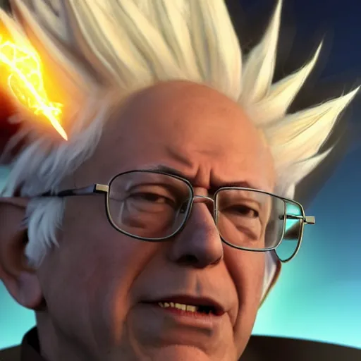 Image similar to bernie sanders with super saiyan hair charging up for a kamehameha, artstation, octane render, highly detailed