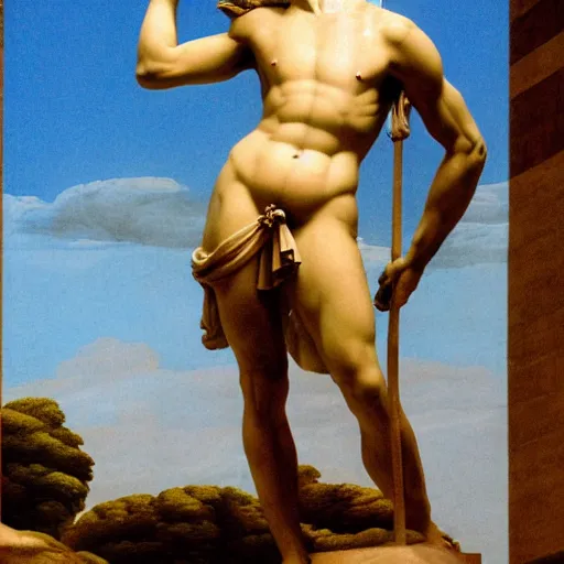 Prompt: Vaporwave composition of Statue of David by Michelangelo on a checkerboard floor against a turquoise sky