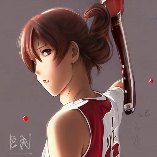 Image similar to anime style, female baseball player, red sport clothing, realistic anatomy, launching straight ball, brown short hair, hair down, symmetrical facial features, from arknights, hyper realistic, rule of thirds, extreme detail, 4 k drawing, safebooru, realistic lighting, by alphonse mucha, greg rutkowski, sharp focus, backlit