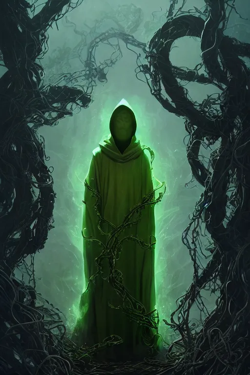 Prompt: A full body portrait of a mysterious wizard, with no face with a very long hooded dark green and yellow cloak, tentacles and thorny vines coming out the ground art by Maciej Kuciara and Jason Chan, ominous, cosmic horror, trending on artstation, Ultra detailed, hyper realistic 4k