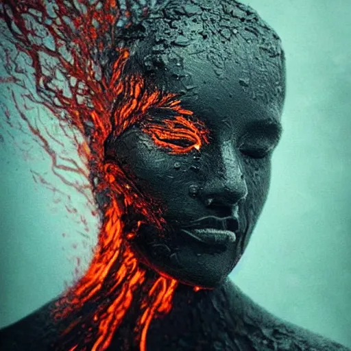 Prompt: realistic steams of lava, oozing out of a dark female figure in artistic poses, nature photography, mesmerizing, intricate, incredible, dynamic, ornate, taken by Annie Leibovitz, DMT realm, fear of unknown, highly detailed, 8k, trending on pinterest,