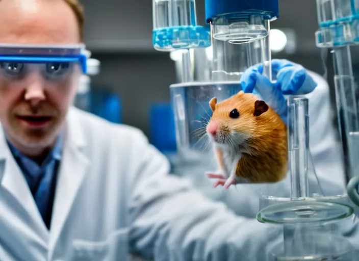 Image similar to film still of a hamster working in a research lab finding the cure for cancer, 8 k