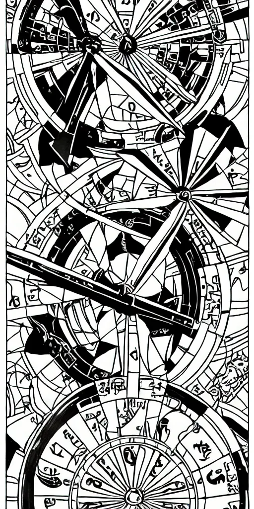 Image similar to Wheel of Fortune tarot card by a famous anime artist, clean, sharp lines, minimalistic,