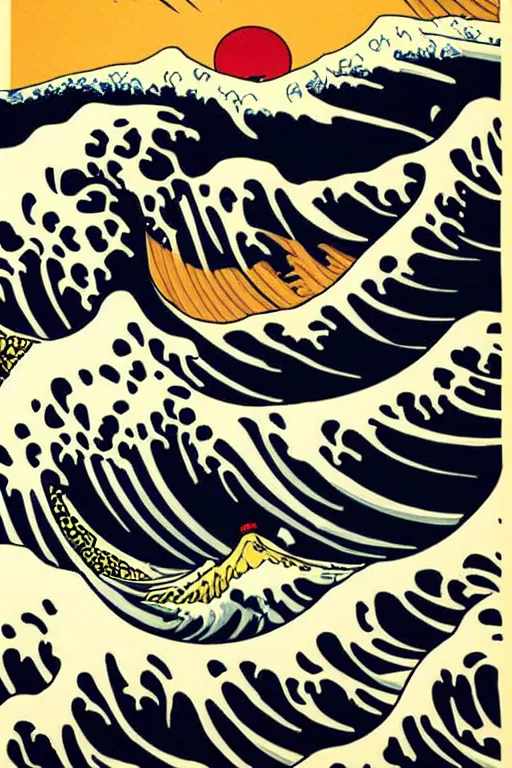 Image similar to Shepard Fairey The Great Wave off Kanagawa, sun in the background