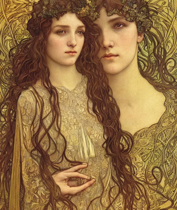 Image similar to detailed realistic beautiful young medieval queen face portrait by jean delville, alphonse mucha, vincent van gogh, and marco mazzoni, art nouveau, symbolist, visionary, gothic, pre - raphaelite