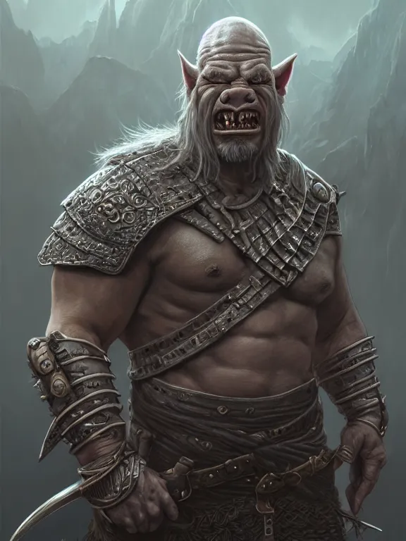 Prompt: portrait of a grey orc, looking at camera, d & d, savage warrior, leather attire, aztec hair, pig noses, intricate, fantasy, extremely detailed, digital painting, artstation, concept art, smooth, sharp focus, illustration, ambient lighting, art by artgerm and greg rutkowski and alphonse mucha and simon stalenhag