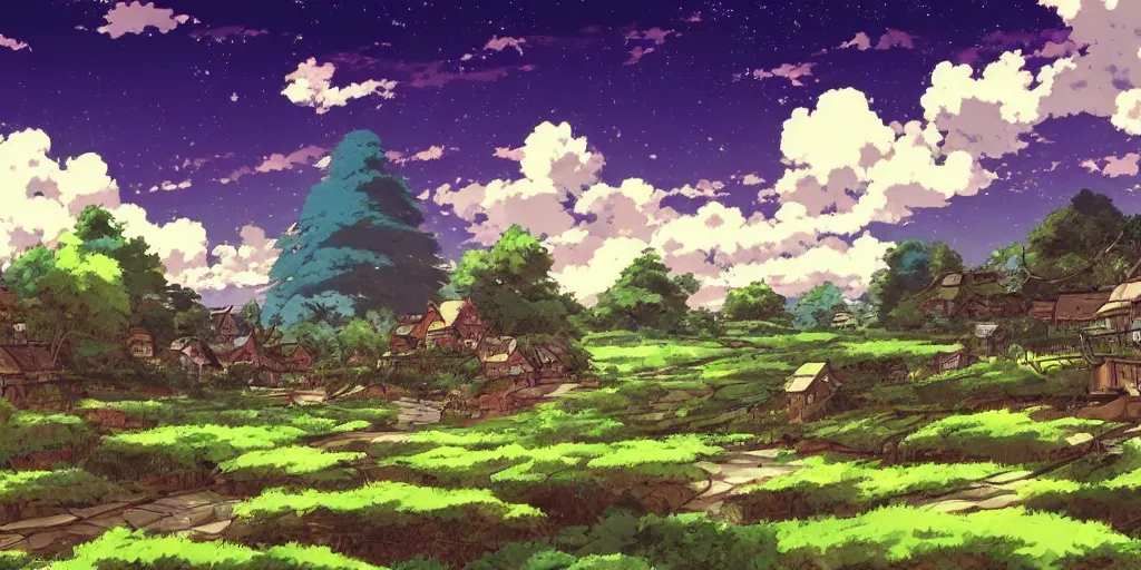 Image similar to beautiful landscape, grime!!!!! art style, anime art style, studio ghibli, 4 k, 8 k