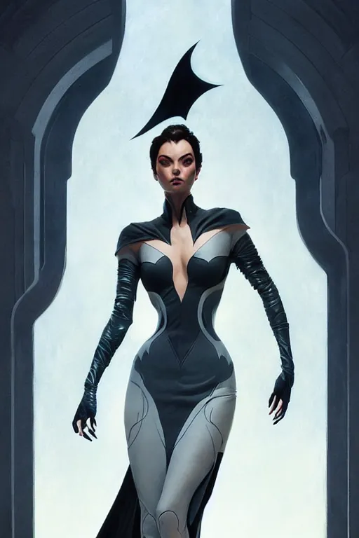 Image similar to elegant flowing batman aeon flux gown profile picture by greg rutkowski, dynamic pose, intricate, futuristic, fantasy, elegant, by stanley artgerm lau, greg rutkowski, thomas kindkade, alphonse mucha, loish, thierry mugler, norman rockwell,