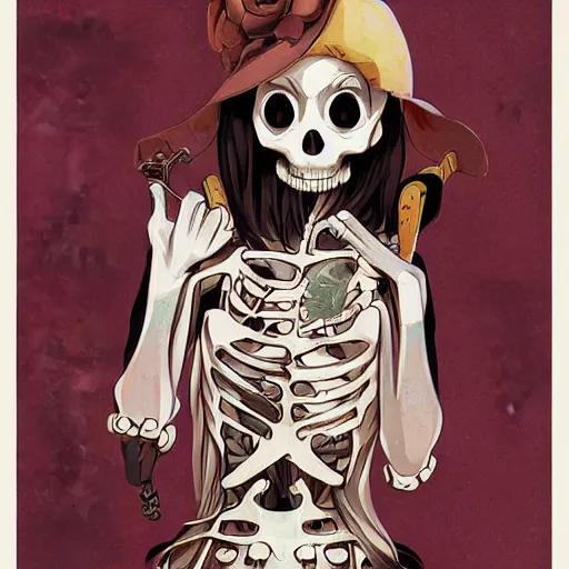 Image similar to anime manga skull portrait young woman skeleton, pixar, painterly, logo, graffiti, cuphead, highly detailed, digital art, art by jc leyendecker and sachin teng