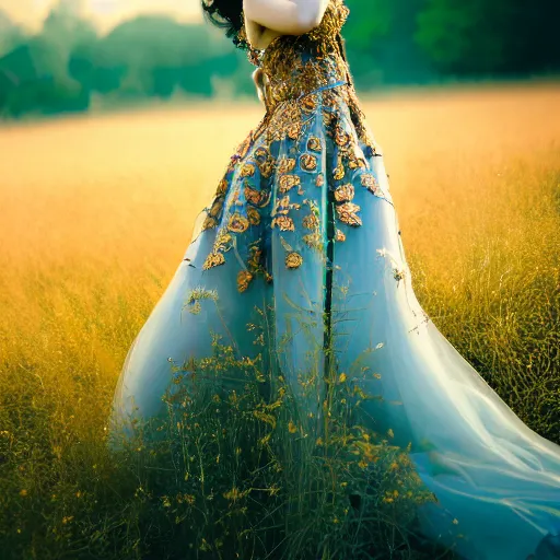 Image similar to photo of an extremely beautiful woman in ornate gown in an endless ethereal meadow, 4 k, hdr, smooth, sharp, focus, hyper realistic, high resolution, award - winning photo, bokeh, graflex camera, super resolution