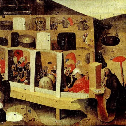 Image similar to inside a waffle makers house, angry, painting by hieronymus bosch,