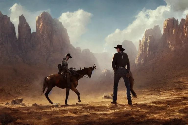 Image similar to an ultradetailed image of sam winchester as an old west gunfighter shooting at a charging wendigo, ultrawide lens, aerial photography, desert landscape with snowy mountains in the far background, masterpiece, 8 k, art by greg rutkowski and albert bierstadt